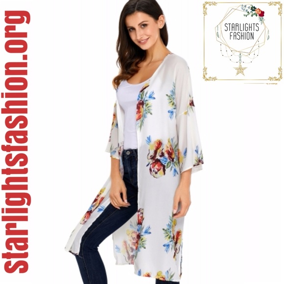 Ivory Floral Side Slit Boho Kimono - Picture 3 of 7